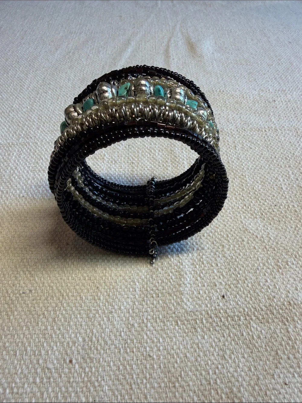 Turquoise and Silver Beaded Multi-Row Stretch Bracelet
